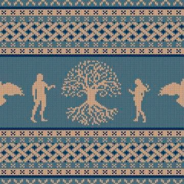 World Tree, first people and flying raven. Knitted seamless celtic ornament Stock Illustration
