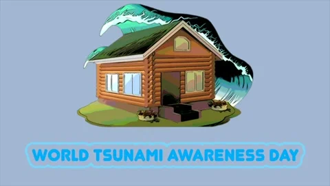 World tsunami awareness day illustration with large wave hitting house. Stock Footage 330851853