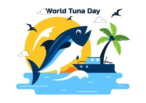 World Tuna Day Vector Illustration Featuring Jumping Tuna Fish Ocean Waves .. Stock Illustration