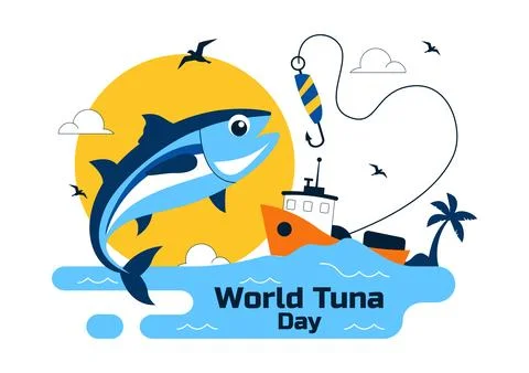 World Tuna Day Vector Illustration Featuring Jumping Tuna Fish Ocean Waves .. Stock Illustration