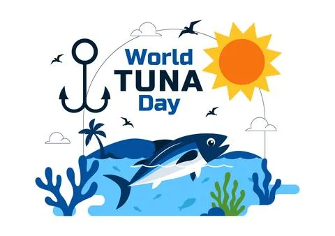 World Tuna Day Vector Illustration Featuring Jumping Tuna Fish Ocean Waves .. Stock Illustration