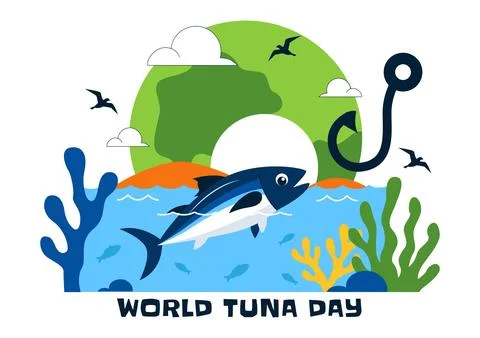 World Tuna Day Vector Illustration Featuring Jumping Tuna Fish Ocean Waves .. Stock Illustration