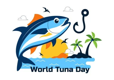 World Tuna Day Vector Illustration Featuring Jumping Tuna Fish Ocean Waves .. Stock Illustration