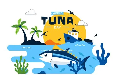 World Tuna Day Vector Illustration Featuring Jumping Tuna Fish Ocean Waves .. Stock Illustration