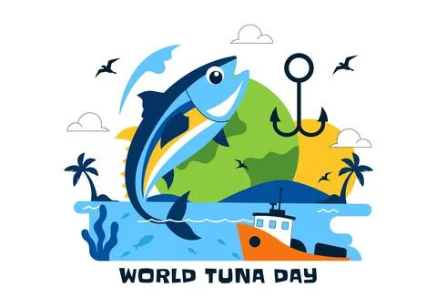 World Tuna Day Vector Illustration Featuring Jumping Tuna Fish Ocean Waves .. Stock Illustration