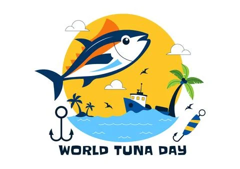 World Tuna Day Vector Illustration Featuring Jumping Tuna Fish Ocean Waves .. Stock Illustration