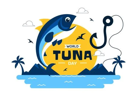 World Tuna Day Vector Illustration Featuring Jumping Tuna Fish Ocean Waves .. Stock Illustration