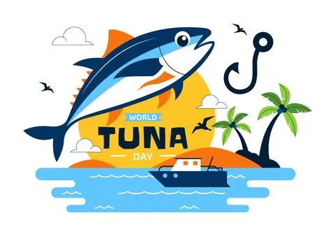 World Tuna Day Vector Illustration Featuring Jumping Tuna Fish Ocean Waves .. Stock Illustration