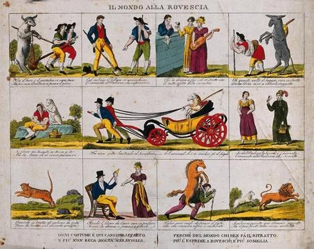 The world turned upside down: oxen drive men, women serenade men and give t.. Stock Illustration