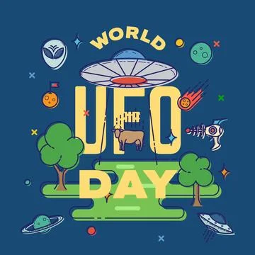World UFO Day Abstract Vector Greeting Card Label Template. Alien Spaceship Cow Illustrazione stock