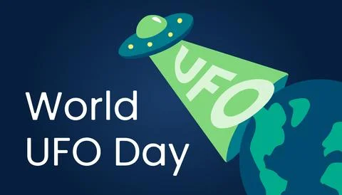 World UFO Day, flying Saucer takes letter from Earth. Alien transport abduction Illustrazione stock