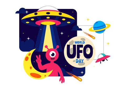 World UFO Day Vector Illustration Alien Spaceship Abduction Scene In Outer .. Stock Illustration