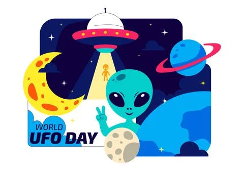 World UFO Day Vector Illustration Alien Spaceship Abduction Scene In Outer .. Stock Illustration