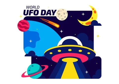 World UFO Day Vector Illustration Alien Spaceship Abduction Scene In Outer .. Stock Illustration