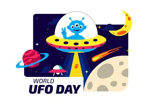 World UFO Day Vector Illustration Alien Spaceship Abduction Scene In Outer .. Stock Illustration