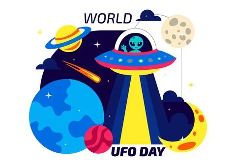 World UFO Day Vector Illustration Alien Spaceship Abduction Scene In Outer .. Stock Illustration