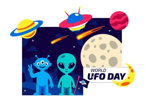 World UFO Day Vector Illustration Alien Spaceship Abduction Scene In Outer .. Stock Illustration