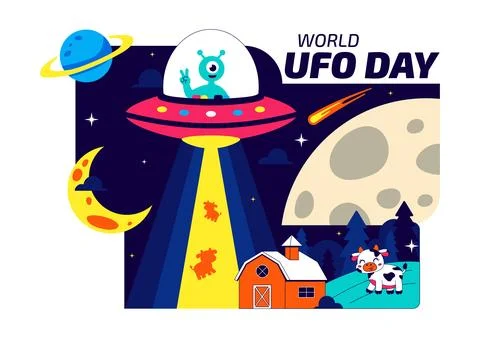 World UFO Day Vector Illustration Alien Spaceship Abduction Scene In Outer .. Stock Illustration