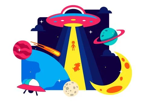 World UFO Day Vector Illustration Alien Spaceship Abduction Scene In Outer .. Stock Illustration