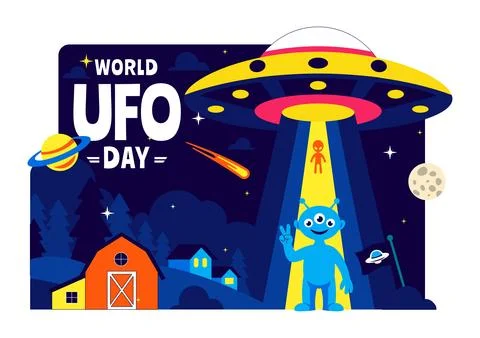 World UFO Day Vector Illustration Alien Spaceship Abduction Scene In Outer .. Stock Illustration