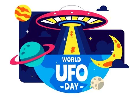 World UFO Day Vector Illustration Alien Spaceship Abduction Scene In Outer .. Stock Illustration