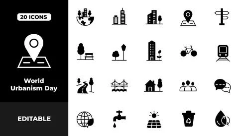 World Urbanism Day Solid Icon Set with City Buildings, Roads and Urban Symbols Stock Illustration