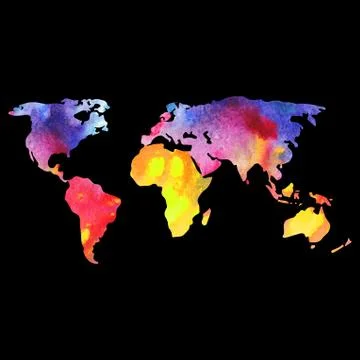 World vector map painted with watercolors, painted world map on black backgro Stock Illustration
