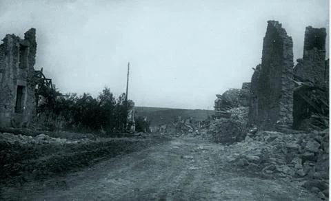 World War 1 – main road of a villages with ruins Stock Photos