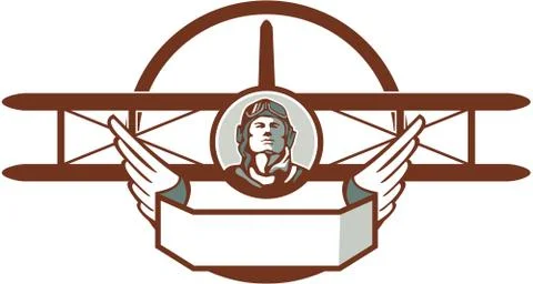 World War 1 Pilot Airman Spad Biplane Circle Retro Stock Illustration
