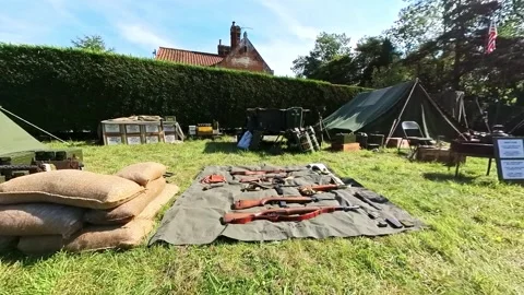 World War 2 firearms and guns at an outdoor exhibition 스톡 동영상 250558485