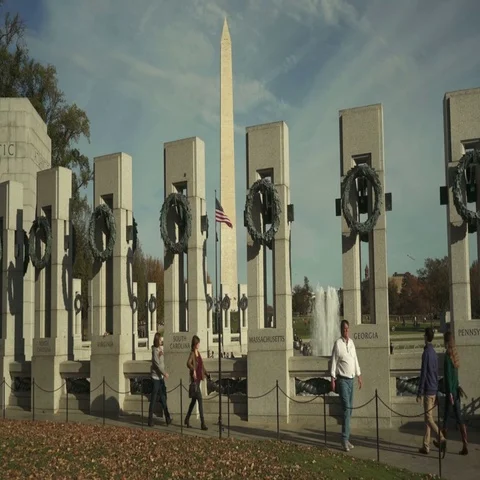 World War 2 Memorial, Washington Monument in background in Washington DC Stock Footage 69303545