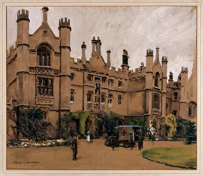 World War I: a neo-Gothic building used as a hospital, with an ambulance in.. Ilustración de archivo