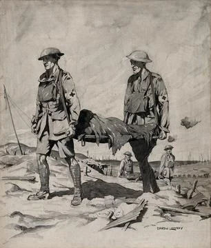 World War I: two men carrying a stretcher among the trenches in France. Wat.. Stock Illustration