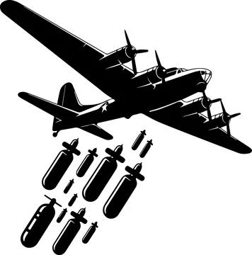 World War II bomber plane dropping multiple bombs, minimal simple vector cartoon 스톡 일러스트