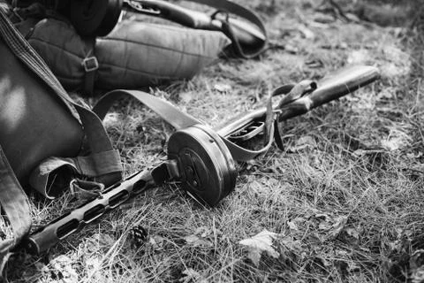 World War II Soviet Red Army Weapon. Submachine Gun PPSh On Ground. WWII WW2 Stock Photos