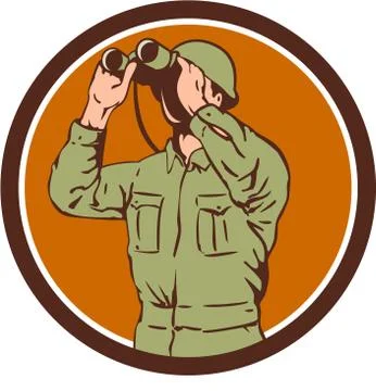 World War One American Soldier Binoculars Retro Circle Stock Illustration