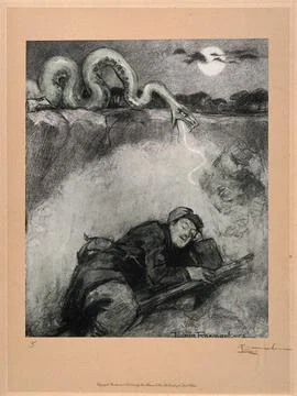 World War One: a large snake, symbolic of a gas attack, strikes at a sleepi.. Illustrazione stock