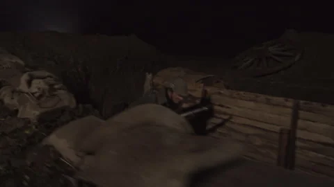 World war one soldier runs through dark trenches, navigating the dangers of Stockbeeldmateriaal 296268154