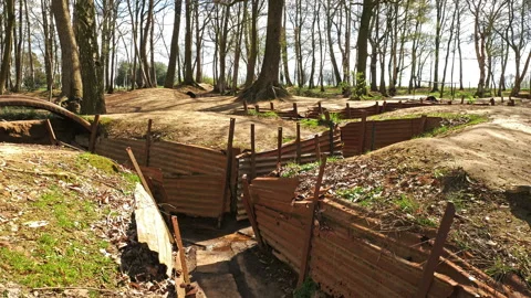 World war one on Western Front : trench warfare gimbal shot at Sanctuary Wood Stock Footage 105957414