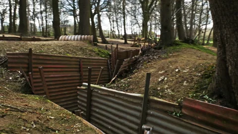 World war one on Western Front : trench warfare gimbal shot at Sanctuary Wood Stock Footage 105958580