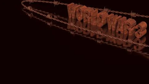 World War Three Concept With Barbed Wire And Dark Background 3d render. Stock Illustration
