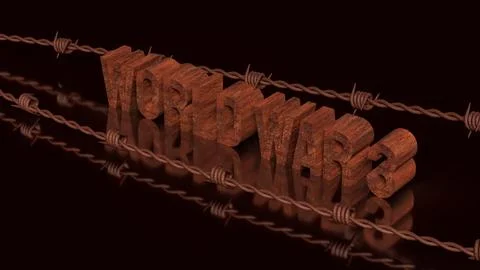 World War Three Concept With Barbed Wire And Dark Background 3d render. Stock Illustration