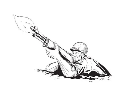 World War Two American GI Soldier Aiming Firing Rifle Front Low Angle View .. Stock Illustration