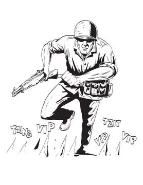 World War Two American GI Soldier Running With Rifle Front View Comics Styl.. Stock Illustration