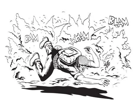 World War Two American GI Soldier Diving for Cover in Explosion Comics Styl.. Stock Illustration