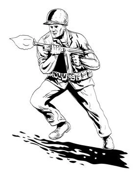 World War Two American GI Soldier Firing Tommy Gun Front View Comics Style .. Stock Illustration