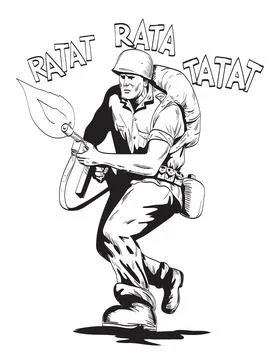 World War Two American GI Soldier Firing Rifle Running Comics Style Drawing Stock Illustration