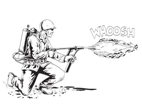 World War Two American GI Soldier Firing M2 Flamethrower  Comics Style Drawin Stock Illustration