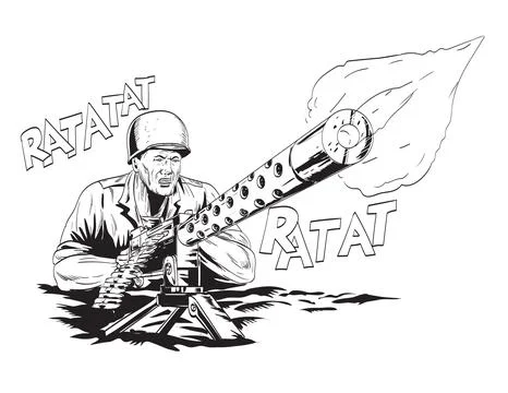 World War Two American Gi Soldier Aiming Firing Machine Gun Front View Comi.. Stock Illustration