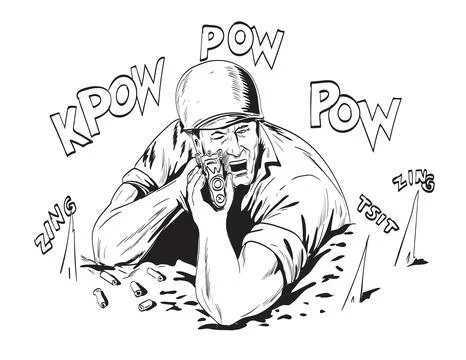 World War Two American GI Soldier Aiming Rifle Comics Style Drawing Stock Illustration